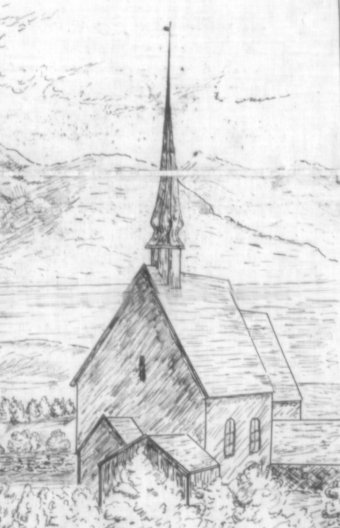 Dnns Kirke ca. 1864 (udsnit af tegning ca. 1912 af J.M. Coldevin)