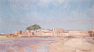 Hans Berg: Perlefiskerøen ved Muharraq, Bahrain, 1959. Olie på lærred, 25*44,5 cm. Privateje.