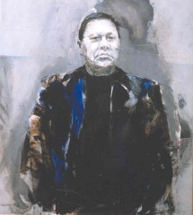 Hans Berg: Lars Emil Johansen, 1998. Det Grnlandske Landsting, Nuuk. 
     Acryl p tr, ca. 80*70 cm.