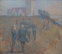 Hugo Larsen: Jarlen af Bothwells begravelse i F�revejle. Billedet er taget udend�rs i lyst gr�vejr.